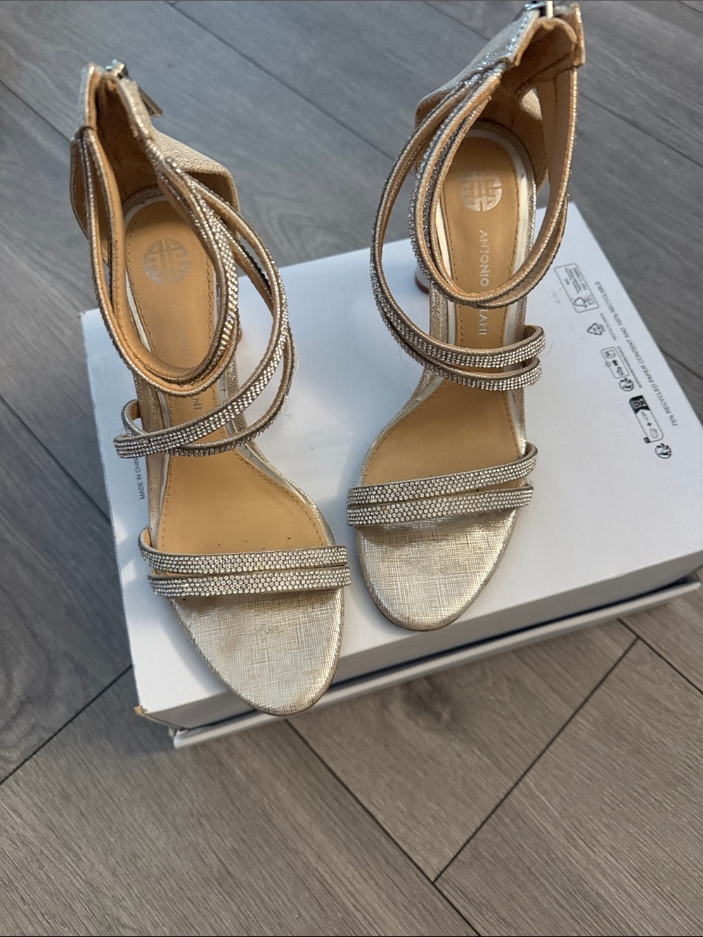 ANTONIO MELANI Metallic Gold Rhinestone Strappy High Heels